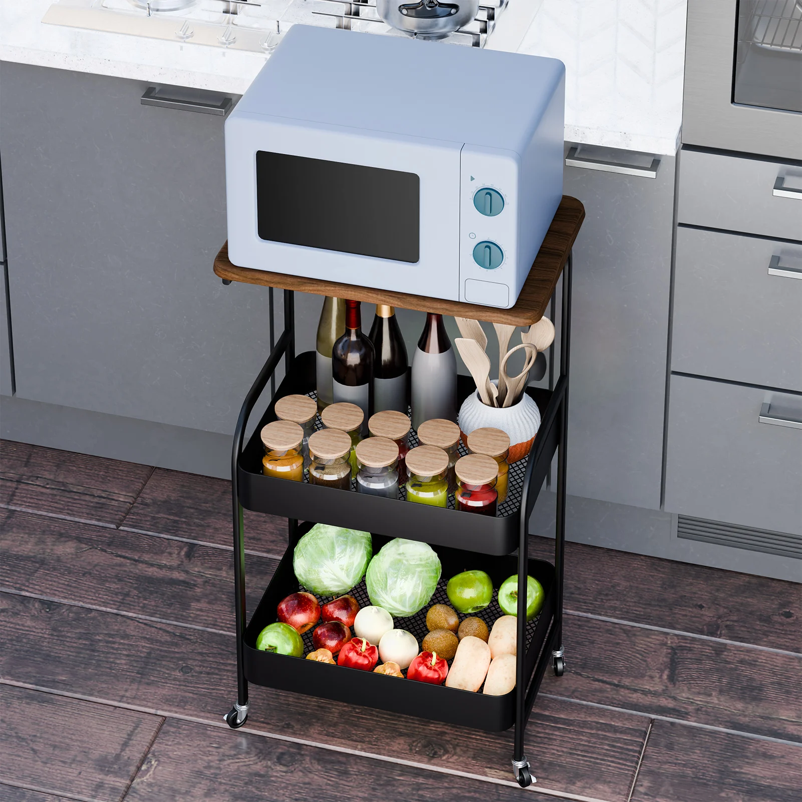 3 Tiers Trolley Rack Kitchen Bedroom Snacks Mobile Bathroom Basket Kitchen Storage Rack Vegetable Fruit Microwave Organizer