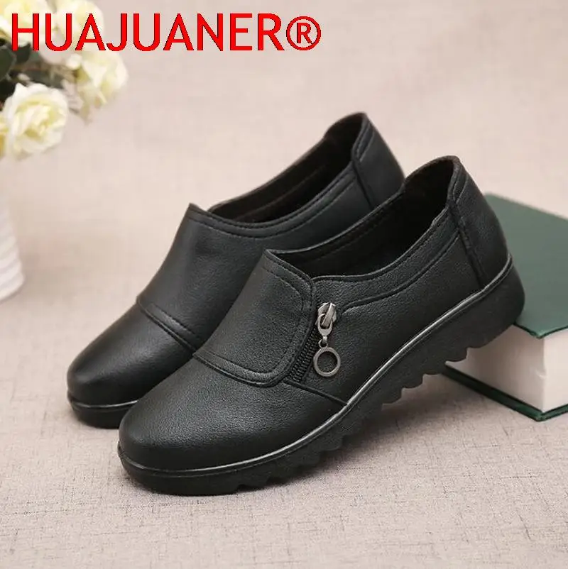 Women Casual Flats Round Head Side Zipper Oxford Shoes Non-slip Warm Slope Heel