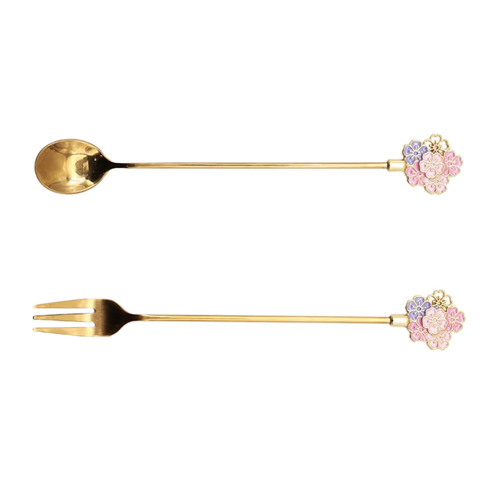 

2 Pcs Cherry Blossom Spoon Dessert and Fork Kitchen Supplies Flatware Coffee Tableware Spoons Stainless Steel
