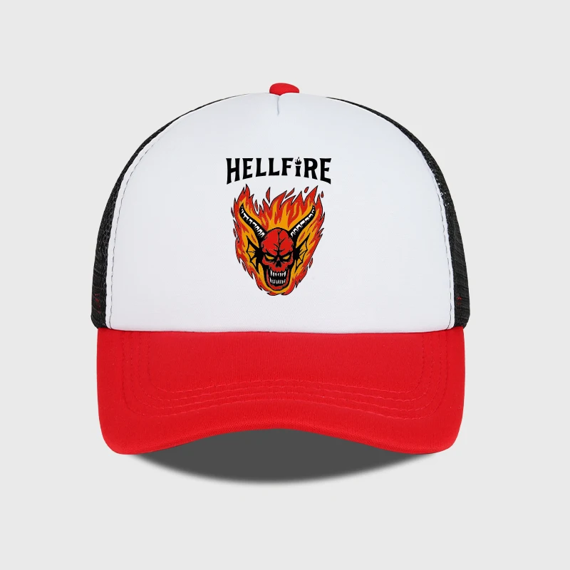 MLFO Hellfire Demon Flame Skull 프린트 트러커 캡 레트로 스트리트웨어 패션 유니섹스 데일리 통근 및 야외 하이킹 팬 선물