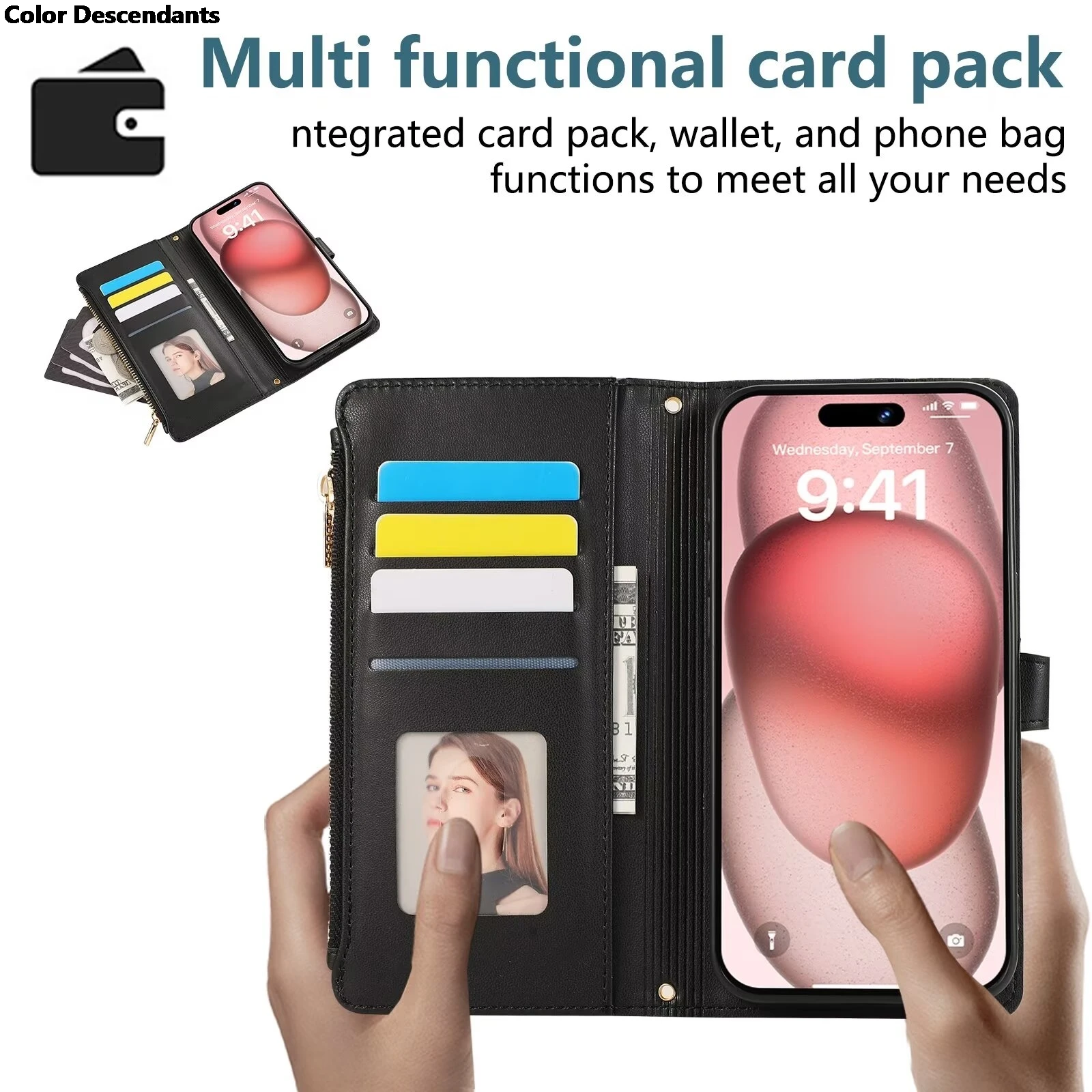 Zipper Leather Crossbody Wallet Case with Multi-Card Holder