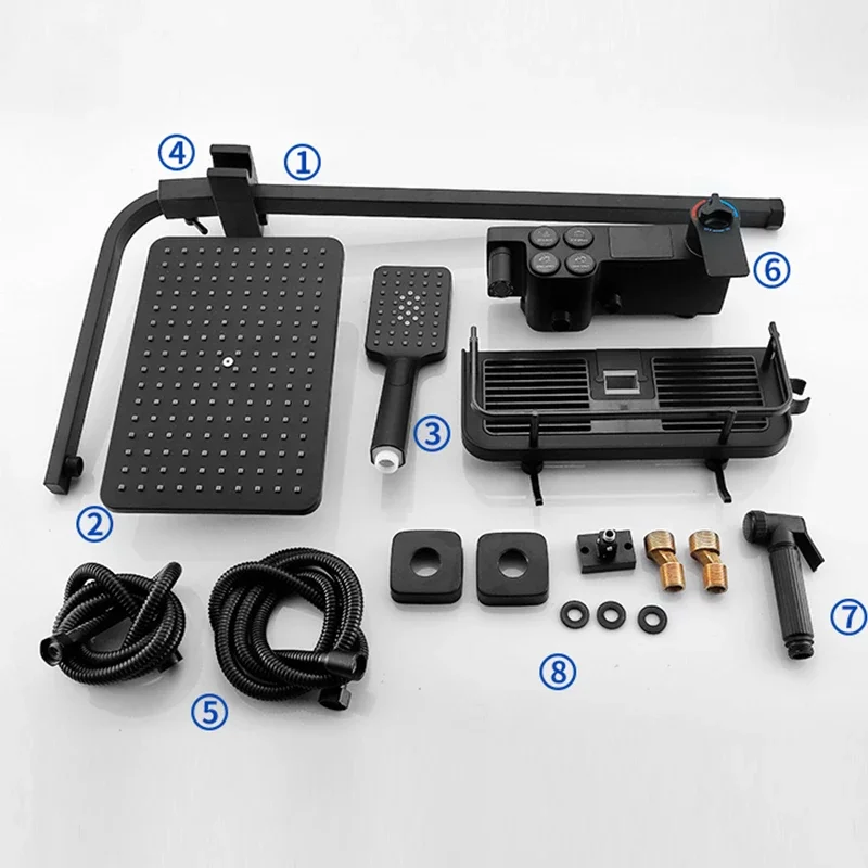 Digital Shower Set with 12 Inch ABS Rain Shower Head Brass Bathtub Mixer Tap Matte Black Thermostatic Bath Shower System Faucets 6