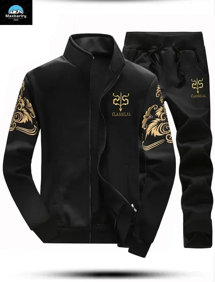 Winter Men's Sports Suit with Fleece and Warm Standing Collar Jacket+men's Drawstring Sports Pants Fashionable Printed Men's Set 6