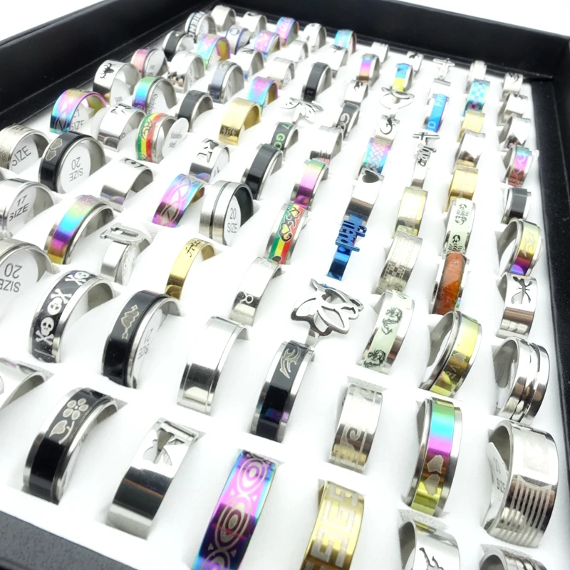 Wholesale 100pcs/Lot Fashion Stainless Steel Rings For Men Women Party Jewelry Gift Mix Styles Size 17-21mm Dropshipping