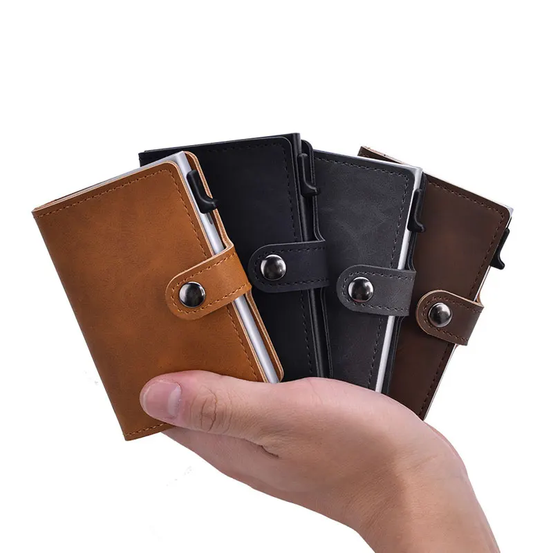 Blocking Vintage Men Credit Card Holder Aluminum Alloy Business ID Card Case Automatic Male Metal Leather Cardholder Wallet 2021