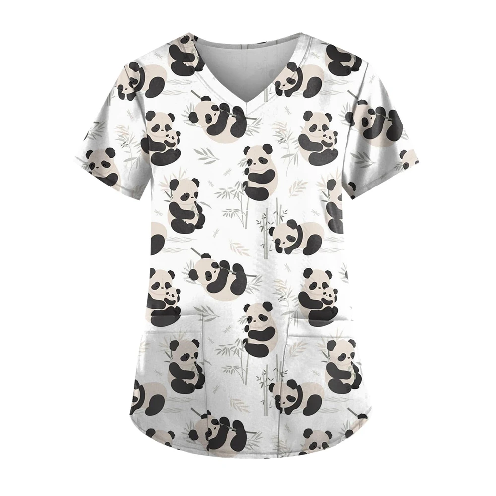 Chirurgische Uniformen Frau Panda Cartoon Print Gesundheitswesen Krankenschwester Tops V-ausschnitt Kurzarm Patch Tasche T-shirts Klinische Uniform Frau – Detail 4