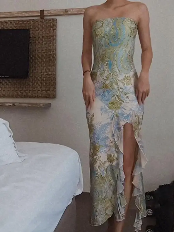 

Elegant Party Dresses for Women Summer New Fashion Casual Temperament Sexy Print Split Bra Slim Fit Dress Spicy Girl Style