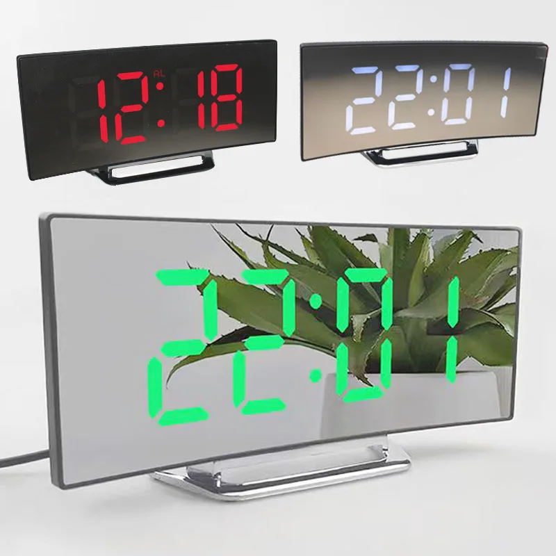 LED Digital Alarm Clock Screen Curved Mirror Table Clock Electronic