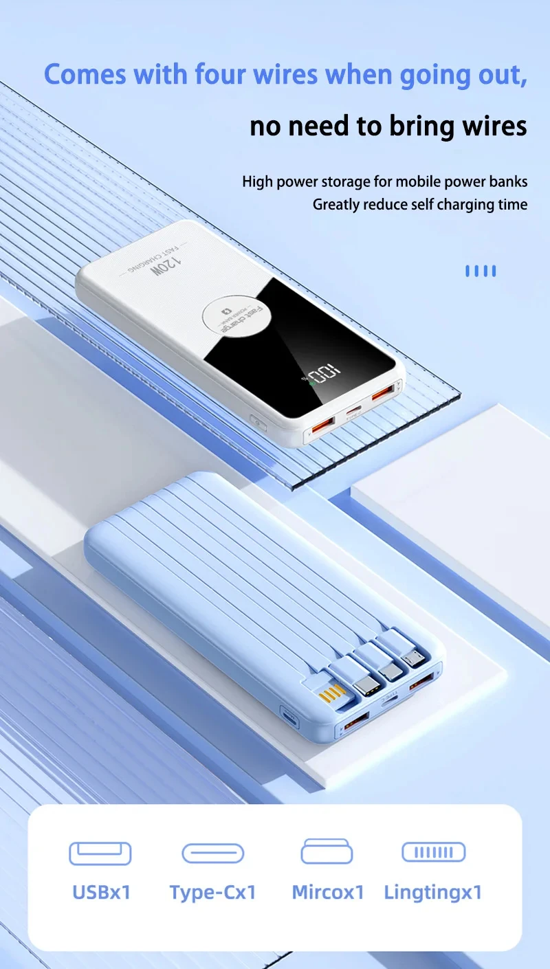 120W 200000mAh Large Capacity Power Bank With 4 Cables Fast Charging Portable Battery Charger for iPhone Samsung Huawei Xiaomi 3