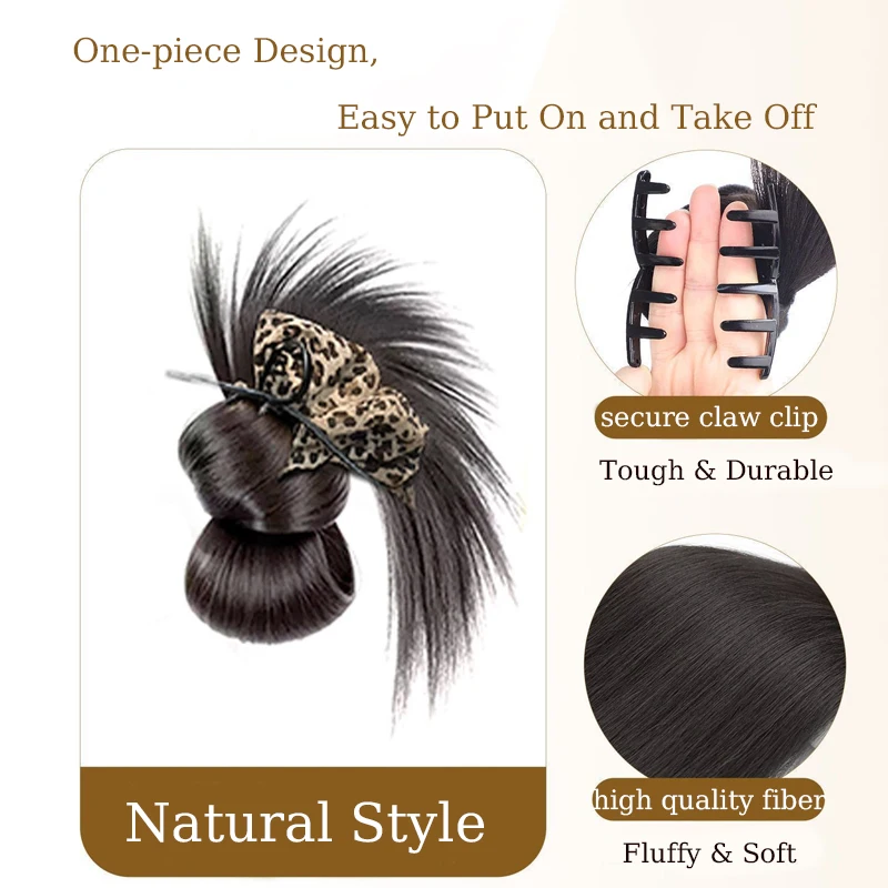 Sythetic Messy Hair Bun Claw Clip Hairpiece with Leopard Print Scrunchie Low Updo Hair Extensions Wig for Women Daily&Party Use