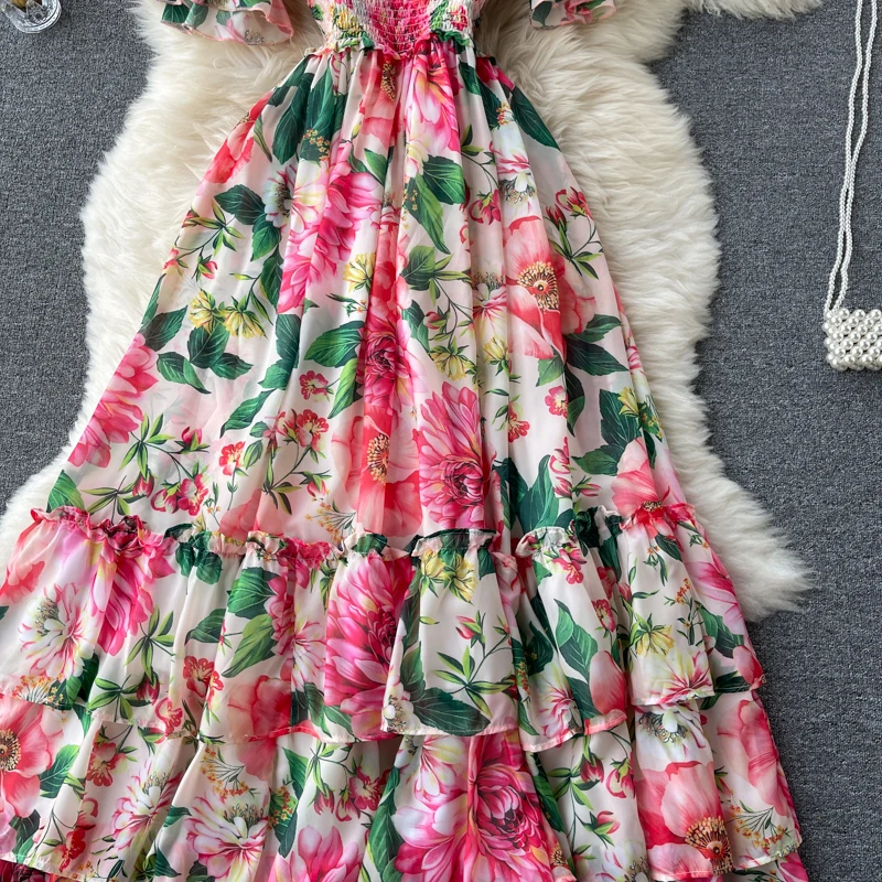 Elegant Party Dress Women Chiffon Printed Floral Long Dresses Ladies Short Sleeve Sexy V-neck Beach Maxi Dress Vestidos