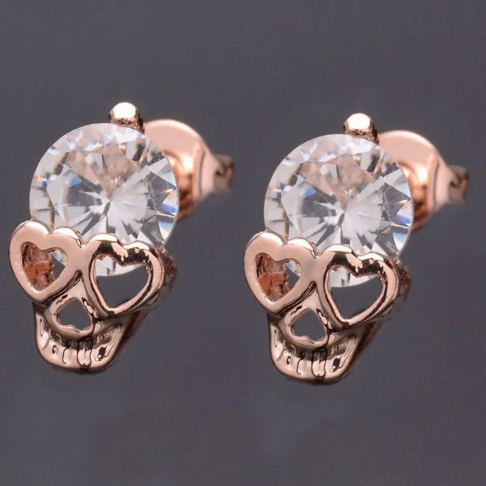 Rose Gold Color Skull Stud Earrings With Sparkling Zircon Cute Hip-Hop Style Street Punk Neutral Earrings For Couples jewelry 6