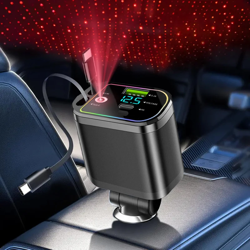 Four-In-One Car Roof Starry Sky Projection Light with Quick Retractable Cable, Car Charger with 80cm Extension Cables, Qc3.0 Fast Charging, Usb-C Port Compatible with Iphone, S23/22, Pixel and Other Phone Models180 ° Adjustable Plug, Suitable for All Vehicles