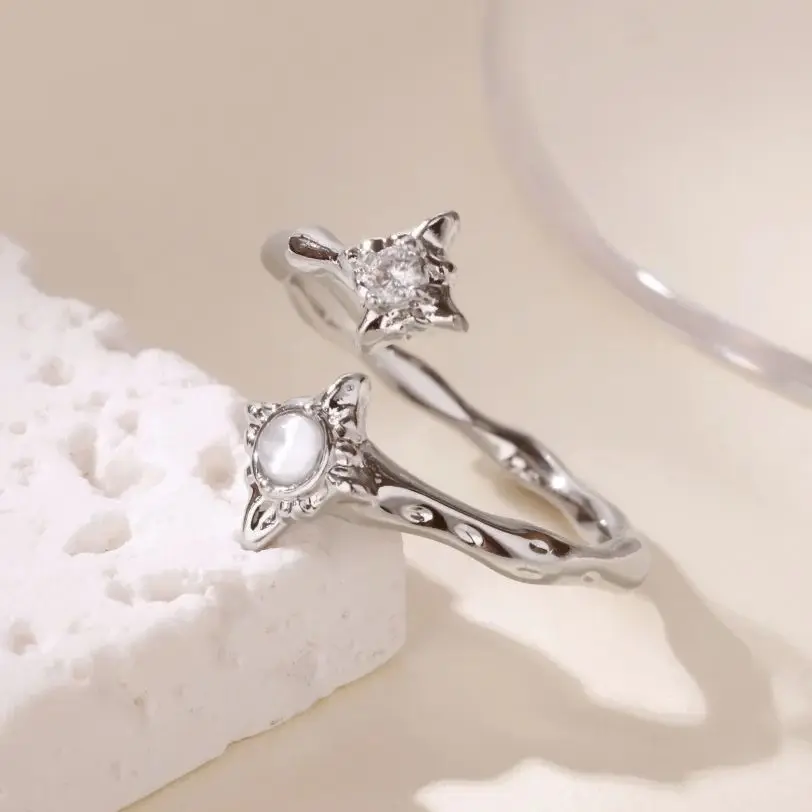Zircon Flower Rings Gold Color Double Adjustable Stainless Steel Ring For Women