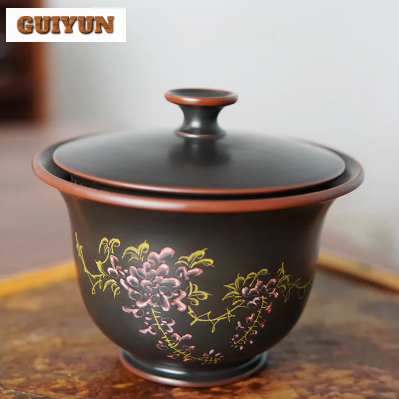 180ml Antique Qinzhou Nixing Pottery Gaiwan Handmade Engraving Wisteria Flower Tea Tureen Tea Maker Cover Bowl Teaset Decoration
