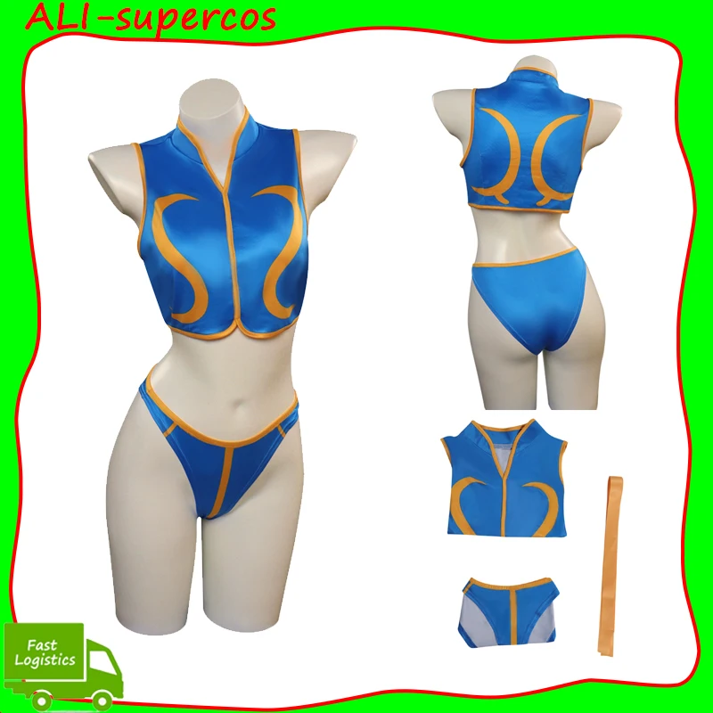 

Chun-Li Cosplay Swimsuit Costume Women Outfits Game SF Swimwear Tops Short Set Summer Sexy Bikini Halloween Carnival Party Suit