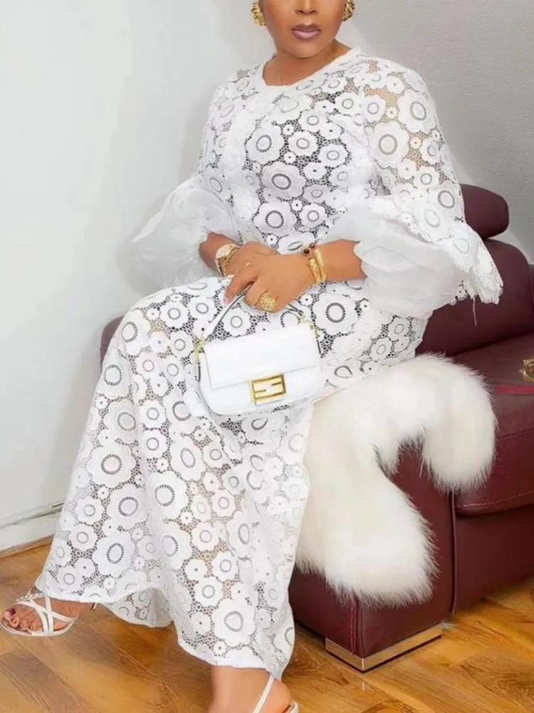 White African Elegant Dresses For Women Hollow Out 2022 New Muslim Fashion Abayas Dashiki Robe Kaftan Long Maxi Dress One Piece