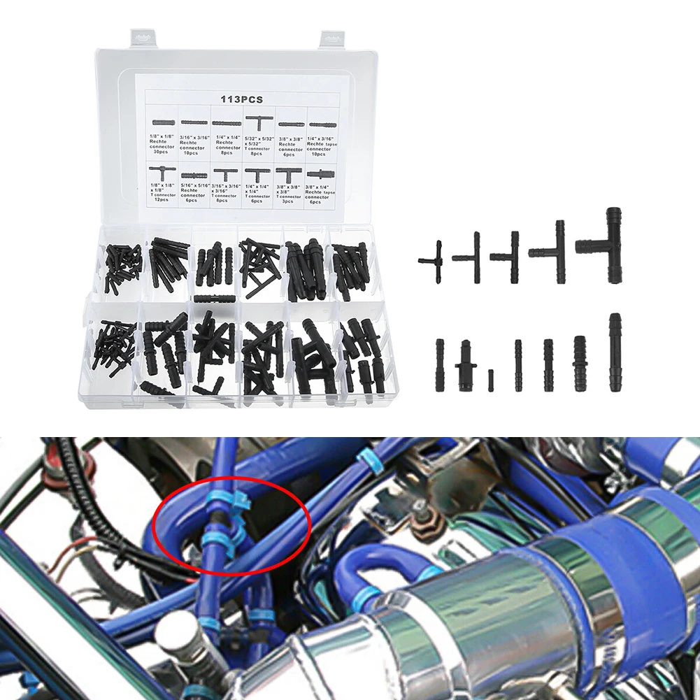 

113Pcs/box Vacuum Connector Kit Assortment Automotive Tubing Connector Tee Kit Water Spray Pipe Joints Car Wiper Connection Pipe