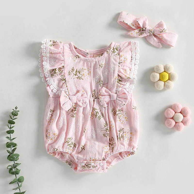 

3-24M Infant Baby Girls Romper Cute Flower Pattern Lace Trim Fly Sleeve Crew Neck Bodysuits Summer Jumpsuits with Headband
