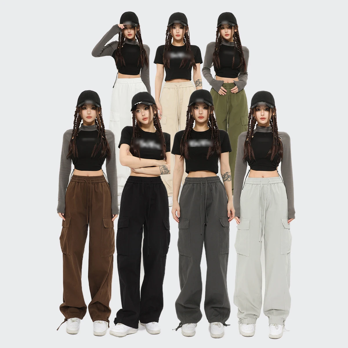 

Japanese Vintage Pocket Unisex Wide Leg Pants High Waist Workwear Pants Women's Tie Up Elastic Waist Pants