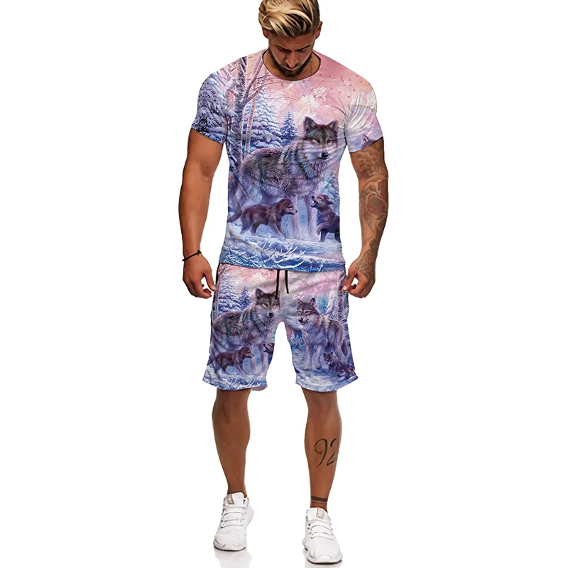 Men's Summer T-shirt Set Tops+Shorts 2 Pieces 3D Printing Animal Patten Fashion Outfit Oversized Daily Quick Dry For Husband