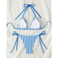 9 Colors New Towel Cloth Halter Neck Tie Up Striped Bikini Swimsuit For Women Summer Beach Vacation Low Waisted Swimwear 2024 4