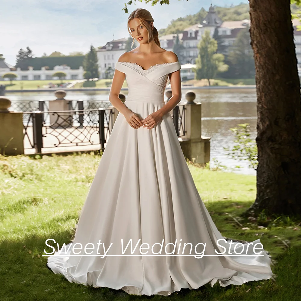 

Elegant Wedding Dress 2024 Vestido De Noiva Off The Shoulder V Neck Pleat Sweep Train A Line Jersey Corset Bridal Gowns