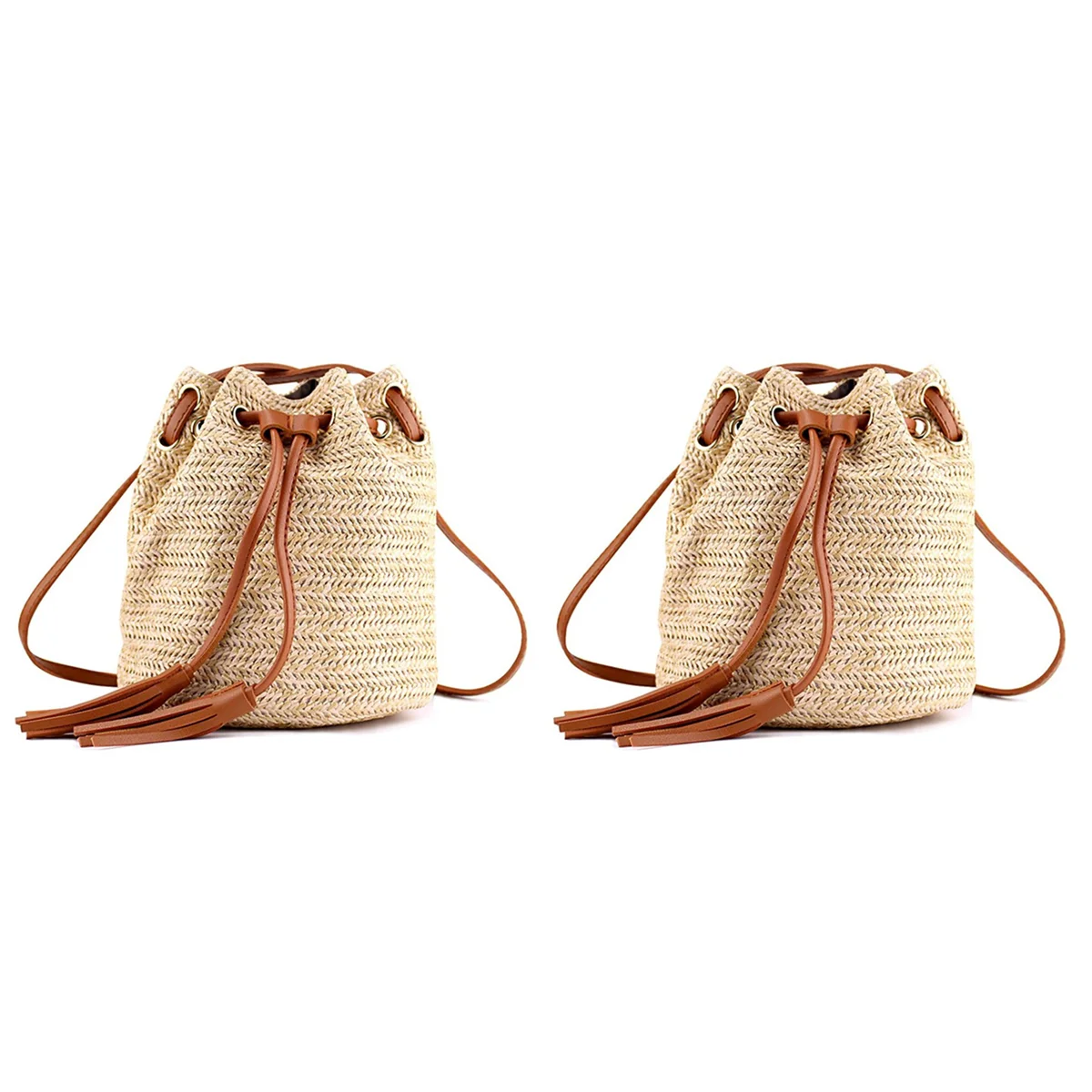 

2X Shoulder Bag Ladies Fabric Summer Beach Bags with Tassels Weaving Crossbody Bag Women Weaving Handbag, Brown