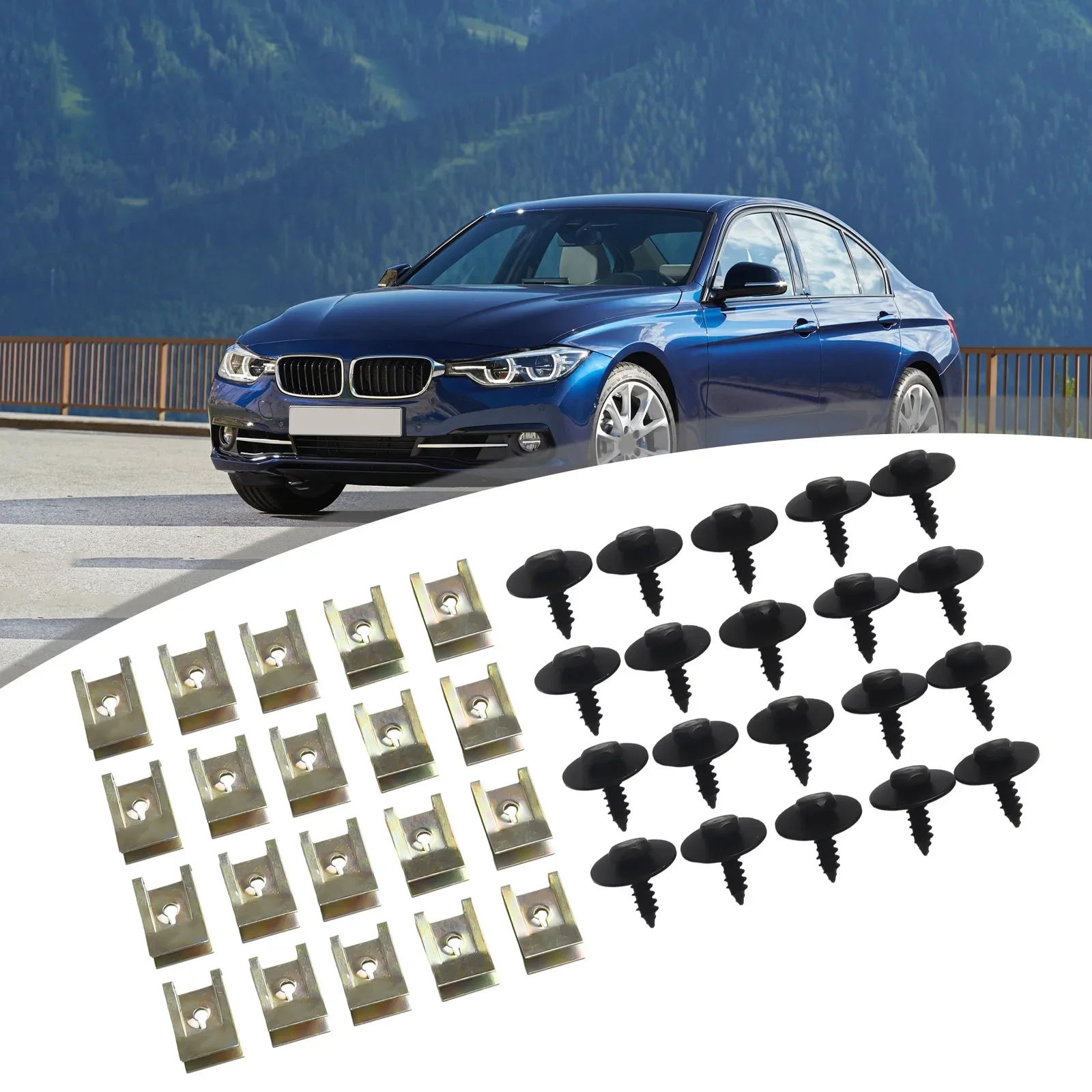 40Pcs Car U Shape Clips For BMW Hex Head Tapping Socket Bolt Screw Clip Undertray Splash Guard Hex Nut Bolt Screws Fastener Clip