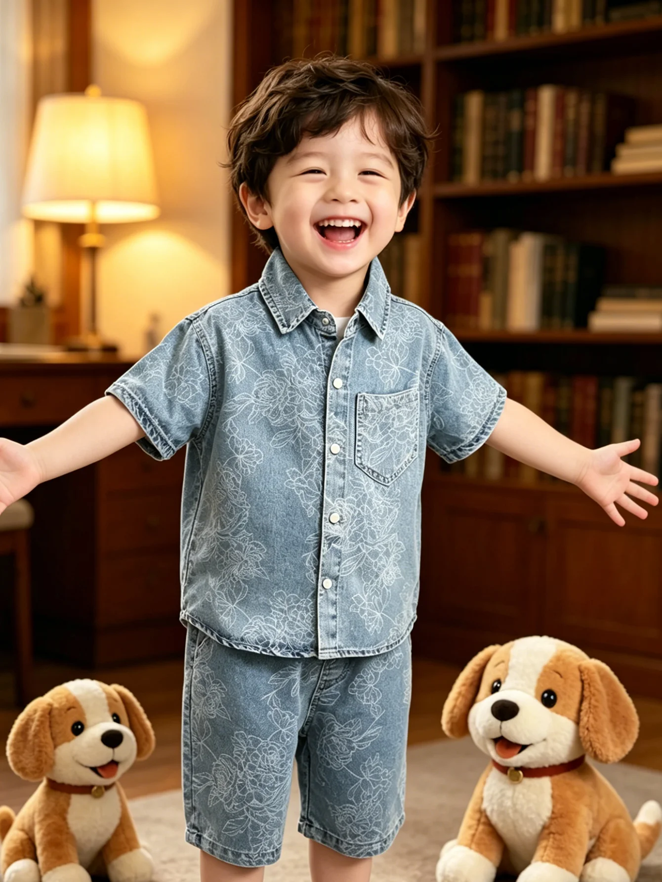 Toddler Boy Denim Co-ord Set, Floral Embossed Short Sleeve Shirt & Matching Shorts, Light Wash Summer Casual Wear For Kids 4