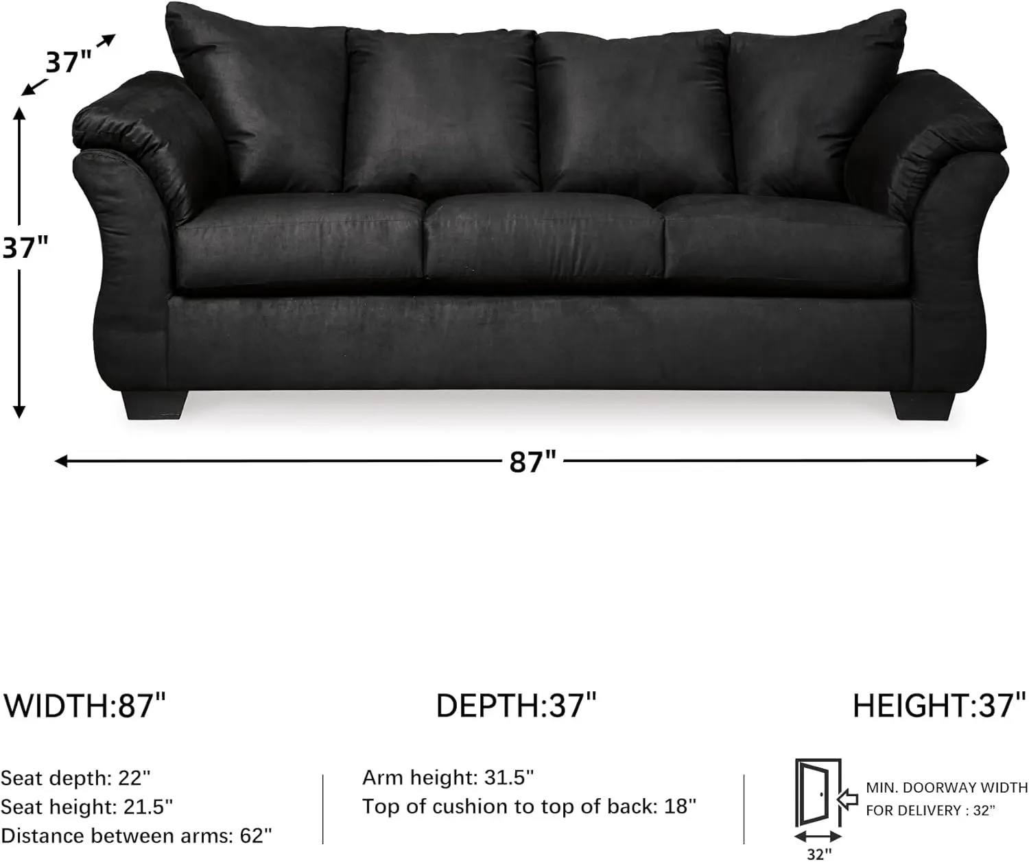 2025-hotDarcy Classic Contemporary Sofa, Black