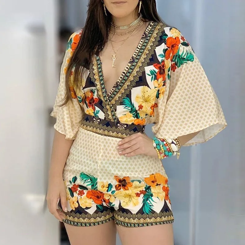 Women One Pieces Bodysuit Women Fashion Elegant Jumpsuit New Summer Floral Print Flare Sleeve V-Neck Casual Jumpsuits for Women