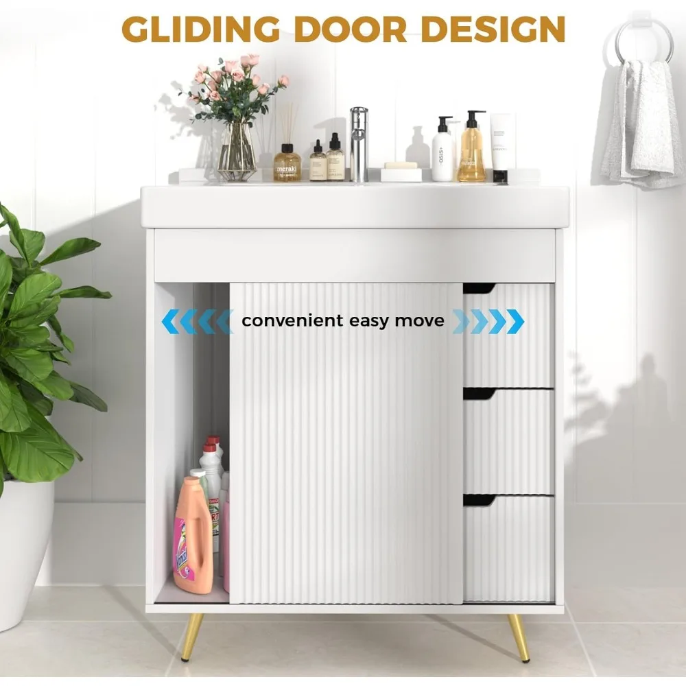 Bathroom Vanity with Sink, 31'' White Bathroom Sink Cabinet with Glide Door and 3 Drawers, Ceramic Sink Vanity Modern 4
