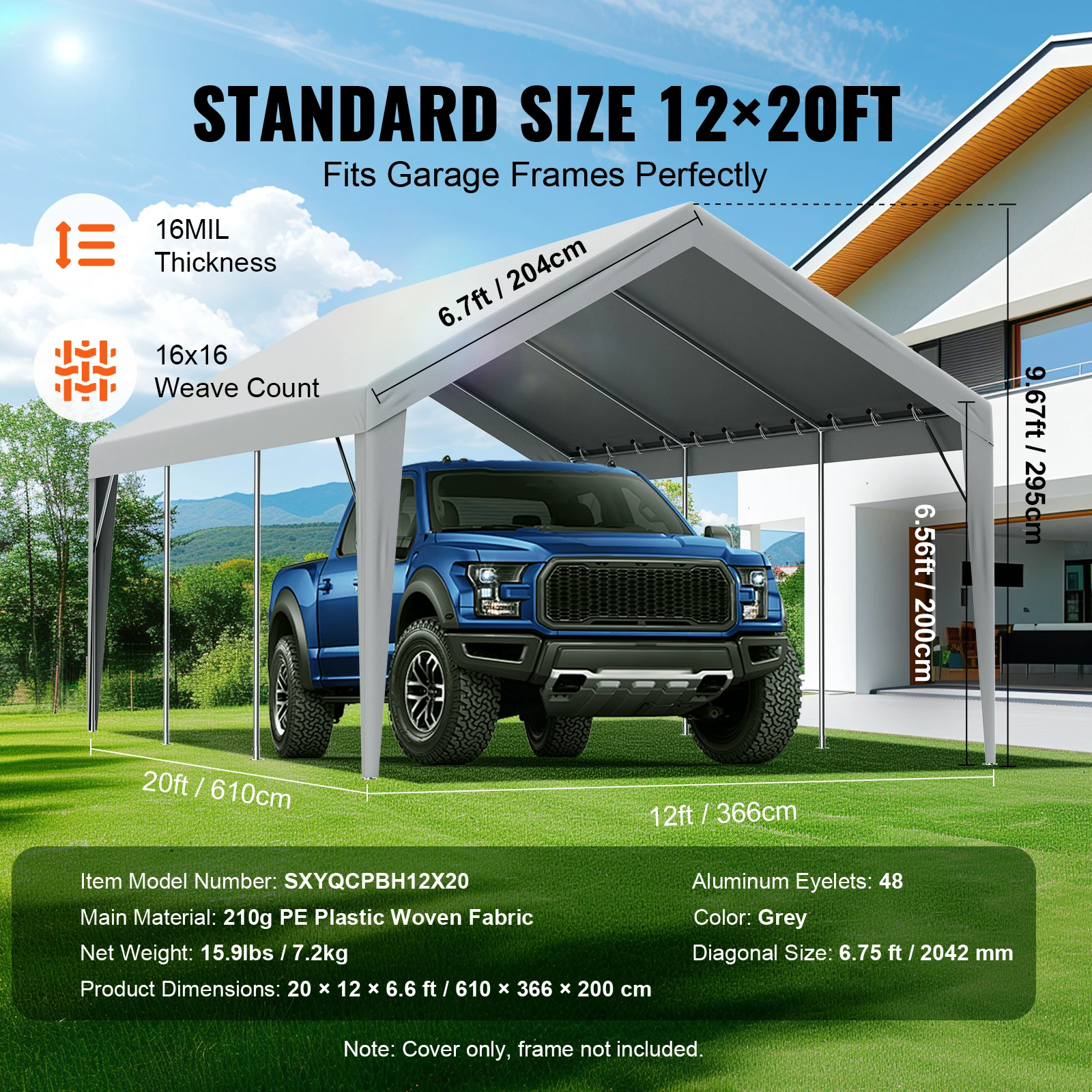 VEVOR Carport Replacement Canopy Cover Garage Top Tent Shelter Tarp Heavy-Duty Waterproof & UV Protected （Frame Not Include）