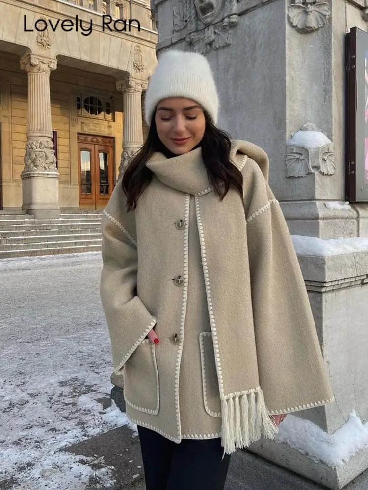

Women Fringe Scarf Collar Coat Fashion Single Breasted Tassel Pockets Jackets Female Tide Long Sleeve Winter Outwear Jacket