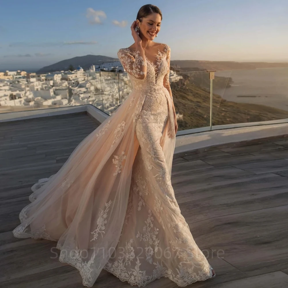 

Exquisite Applique Mermaid O-Neck Wedding Dress With DetachableTrain Lace Bride Gown Vestido De Novia Long Sleeve Düğün Elbisesi