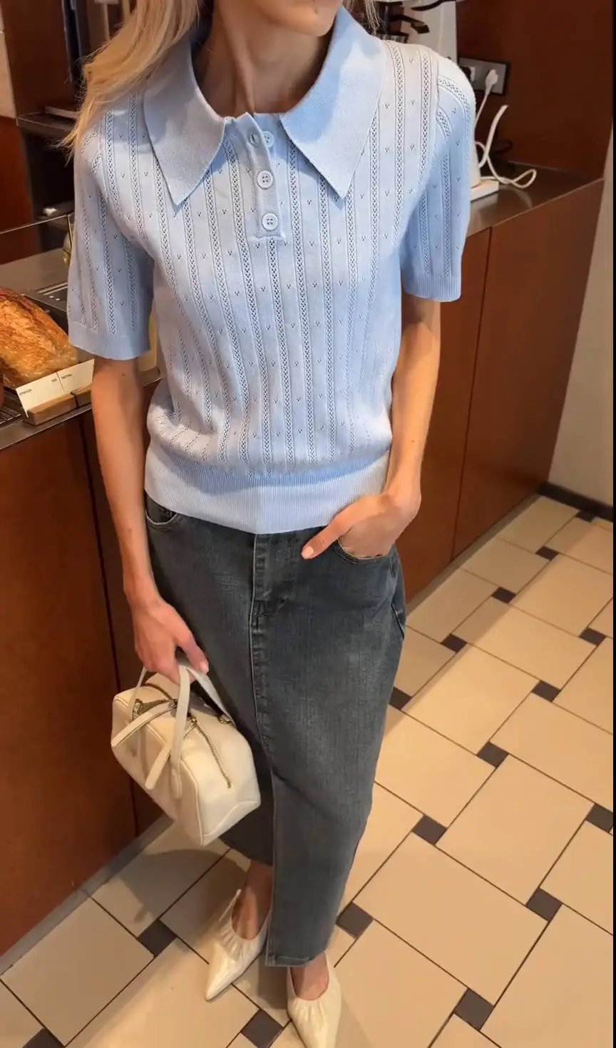 Tornova Hollow Short Sleeve Knitted T Shirt For Women Lapel Casual Solid Top Pullover 2025 New Summer Fashion Female T shirt 17 Scb2879d927bd4421a0d4140670ebc3e6w