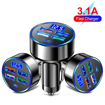 PD + QC 3.0 100W 5 porte Caricabatteria da auto Ricarica rapida USB C Caricatore per telefono da auto Tipo C Adattatore in auto per iPhone Samsung Huawei Xiaomi