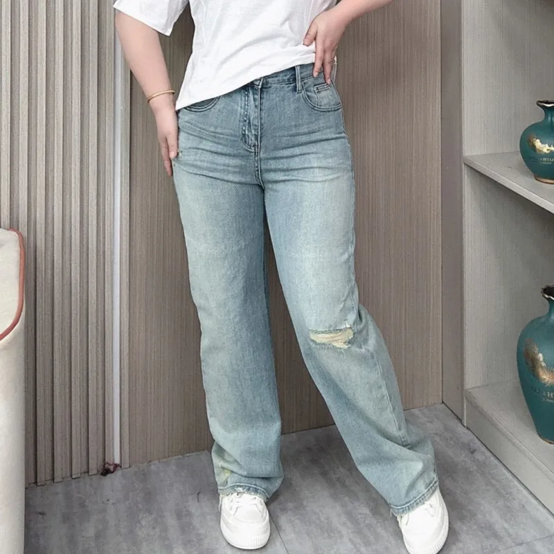 

Plus Size Women Wear American Ripped High Waist Straight Jeans Spring Summer 2024 New Loose Wide Leg Full Length Pants