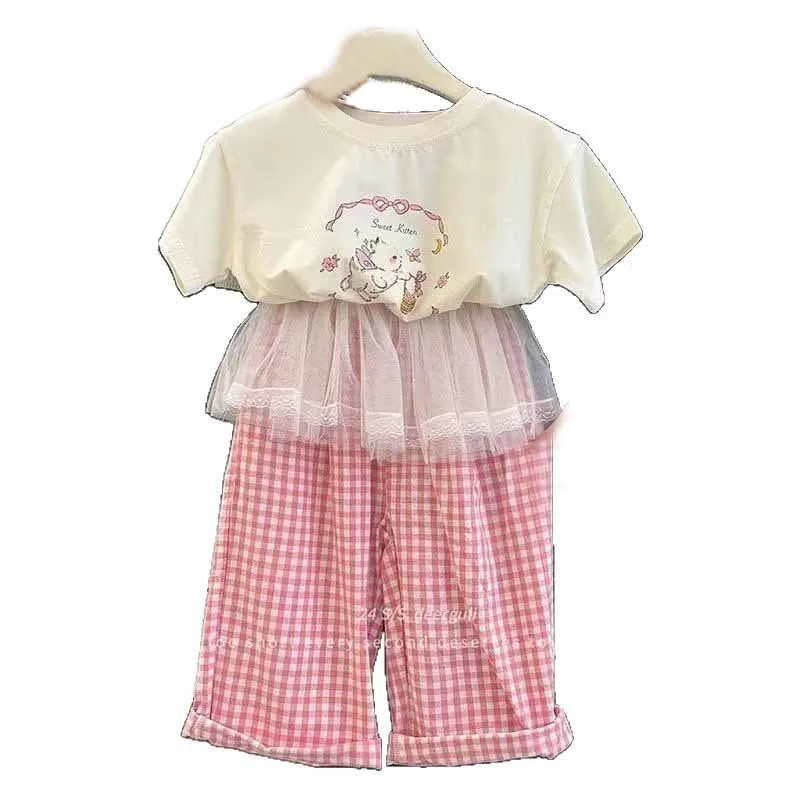 Children's Clothing Sets Girls Cute Suit Kids Short-Sleeved Cartoon Top Lace Trousers 2-Piece Summer New T-Shirt Outfit 2-8 Year kids clothing set girls clothing set