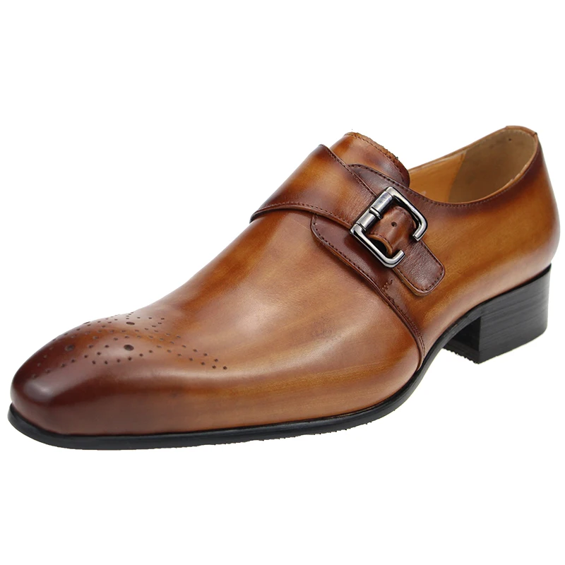 Mens Formal Male Shoe Side Buckle Leather Shoes Pointed Toe Bullock Carving classic style Classic gentleman Formal wear Pointed 3
