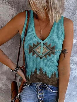 Ladies' vests Western ethnic printed casual sleeveless T-shirt women's retro loose vest 1