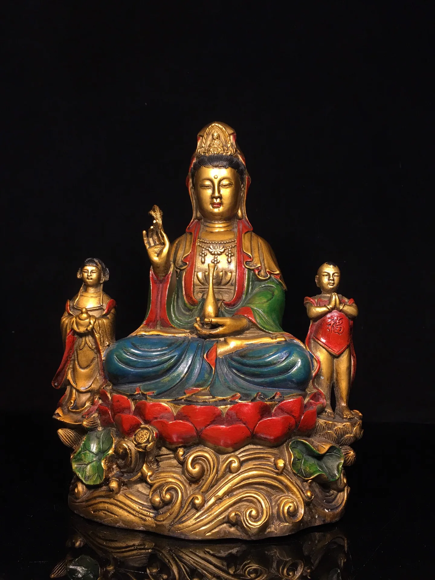 

12"Tibetan Temple Collection Old Bronze Cinnabar Painted Sending Boy Guanyin Bodhisattva Sitting Buddha Worship Hall Town house