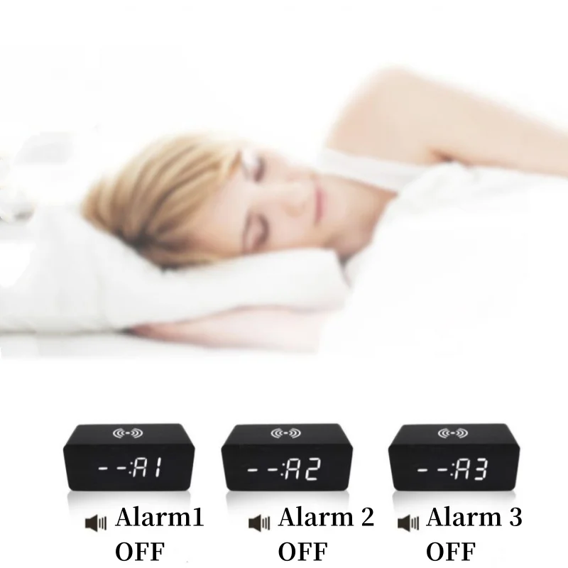 Wooden Alarm Clock Voice Control Wireless Charging Temperature Date Night Mode Table 3 Alarm 12/24H LED
