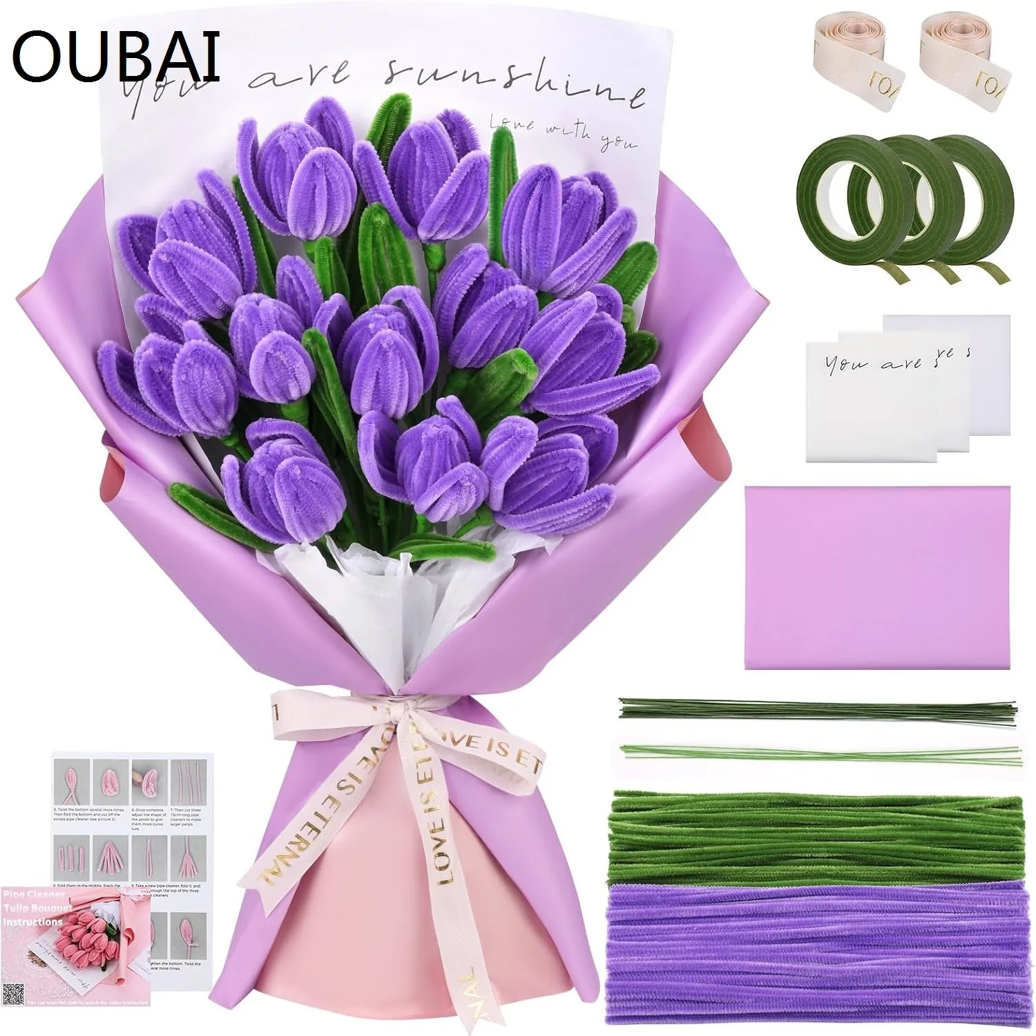 OUBAI Pipe Cleaner Flower Craft Kit, with Wrapping Paper, Step-by-Step Video Tutorials for Birthday Home Decoration