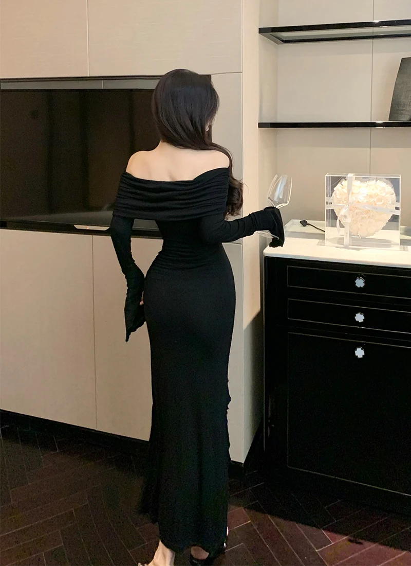 Sexy Bodycon Evening Dresses for Women Long Sleeves Slash Neck Ruffles High Slit Slim Korean Fashion One Piece Vestidos Mujer