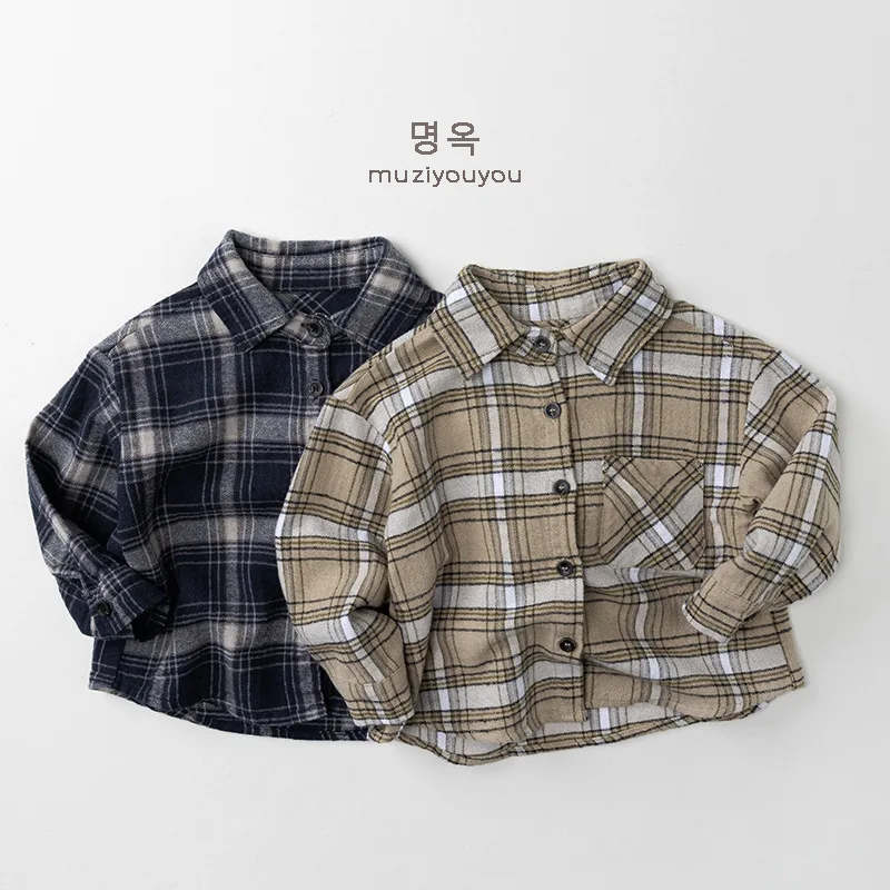 Frühling Herbst Kinderhemden 1-8 Jahre Jungen Baumwolle Kariertes Hemd mit Tasche Lässige Langarm-Oberteile Koreanische Kleinkinderkleidung – Detail 1