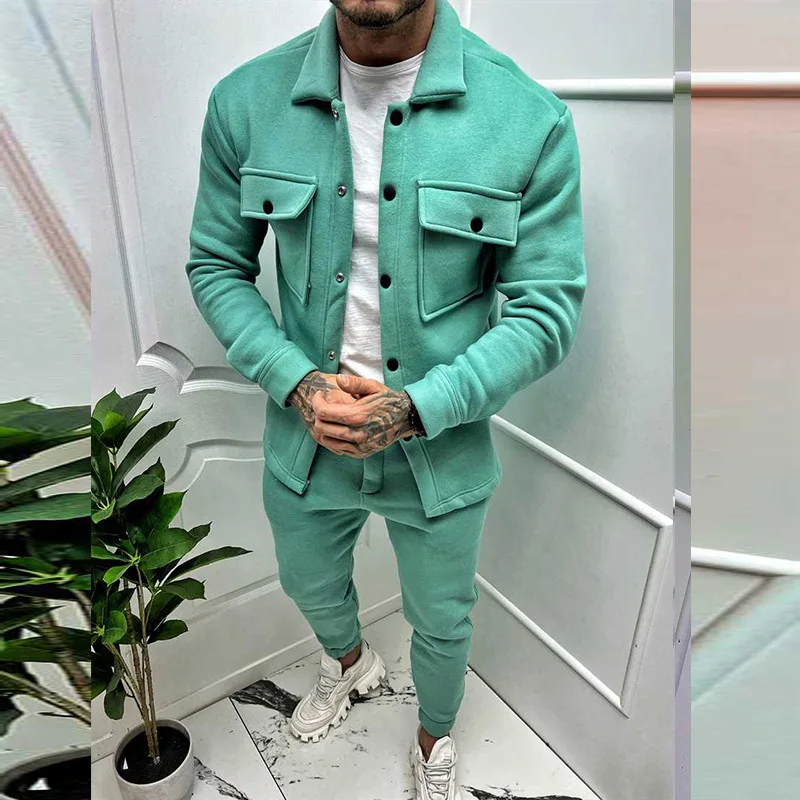 Autumn and Winter New Men's Casual Set Outdoor Multi Pocket Solid Color Thickened Fashion Coat Top Pants Two Piece Set