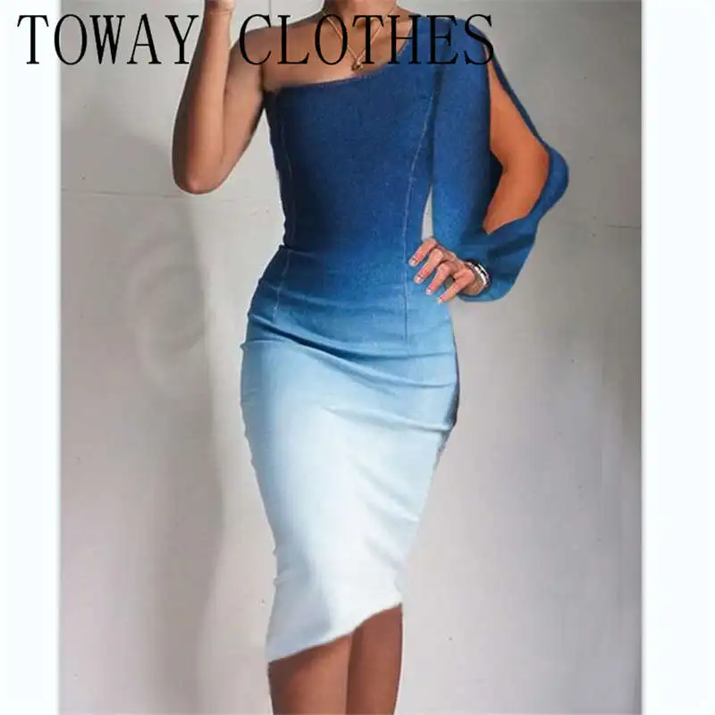 

Denim Dress Woman Sexy Fashion One Shoulder Long Sleeve Slim Bodycon Midi Dress 2022 Jeans Dress Ladies Vintage Washed Vestidos
