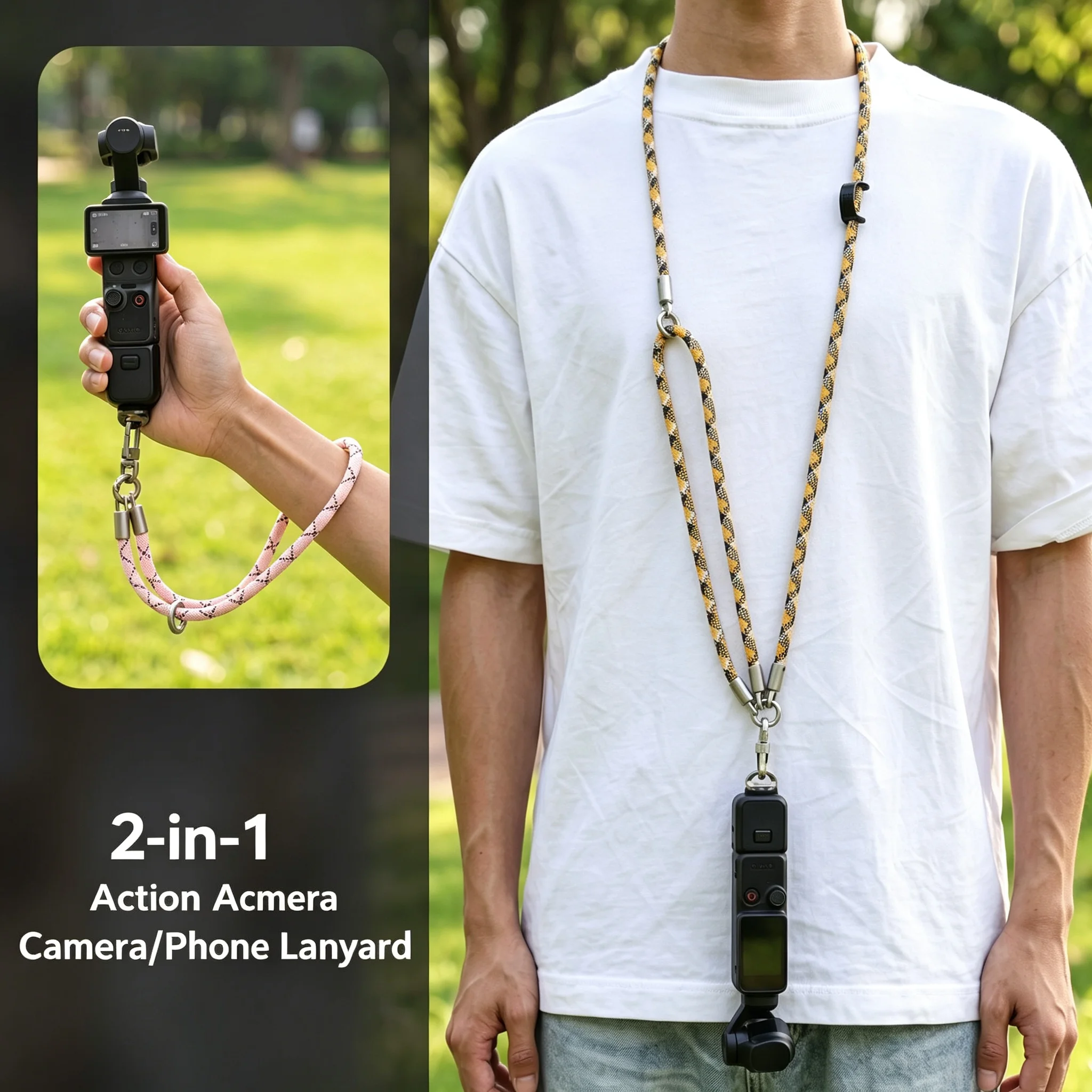 2-in-1 카메라 랜야드(1/4인치 나사 포함) - DJI Pocket 4/3/2, Insta360, GoPro Hero 13/12/11/10용 조절 가능한 목/손목 스트랩 (안티)